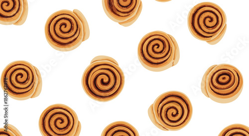 A delicious and sweet seamless pattern of freshly baked cinnamon rolls scattered randomly on a clean white background.