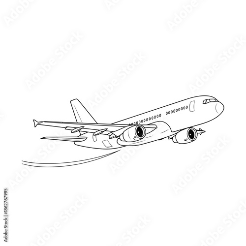 A black and white line drawing of a commercial airplane in flight