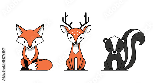 Set of three cute forest animals including a red fox, a brown deer, and a black skunk in a simple flat vector style.