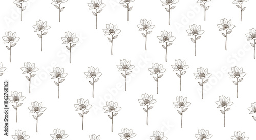 A delicate and minimalist seamless pattern of small, hand-drawn flowers with stems and leaves in a simple sketch style.