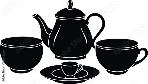 Traditional teapot and cups silhouette, Hot beverage service kitchenware set