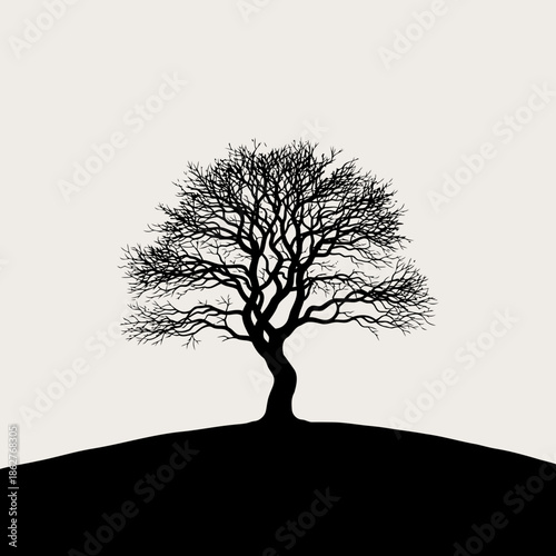 Silhouette of a bare tree on a hill in a minimalist style