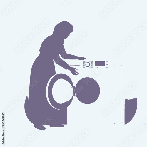 A silhouette of a woman loading a washing machine on colored background
