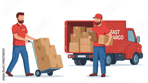 Cargo delivery service: movers loading boxes onto red transport truck