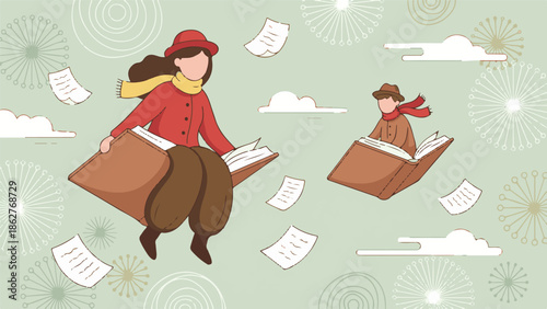 Whimsical illustration: people flying on books, journey of imagination