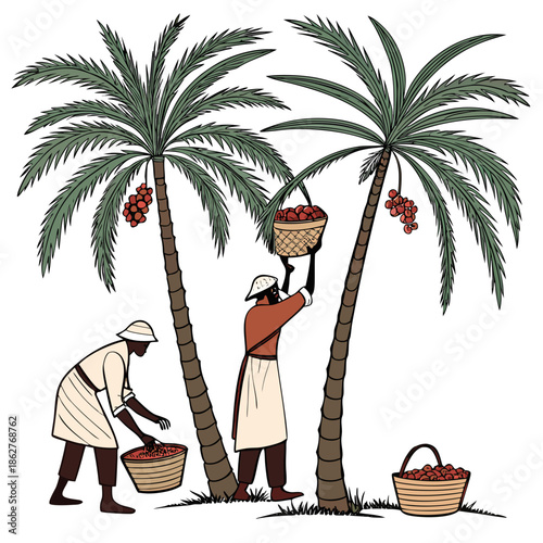 Date palm harvest scene with workers picking dates