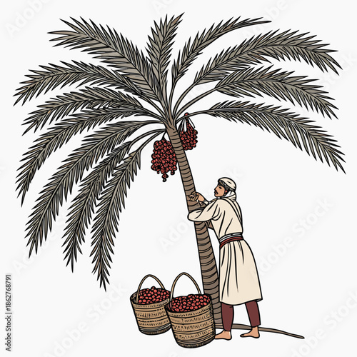 Man in traditional clothing harvesting dates from palm tree with baskets