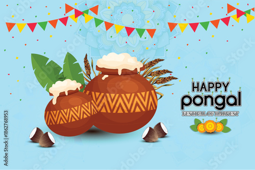 Happy pongal festival celebration with traditional pots and sugarcane