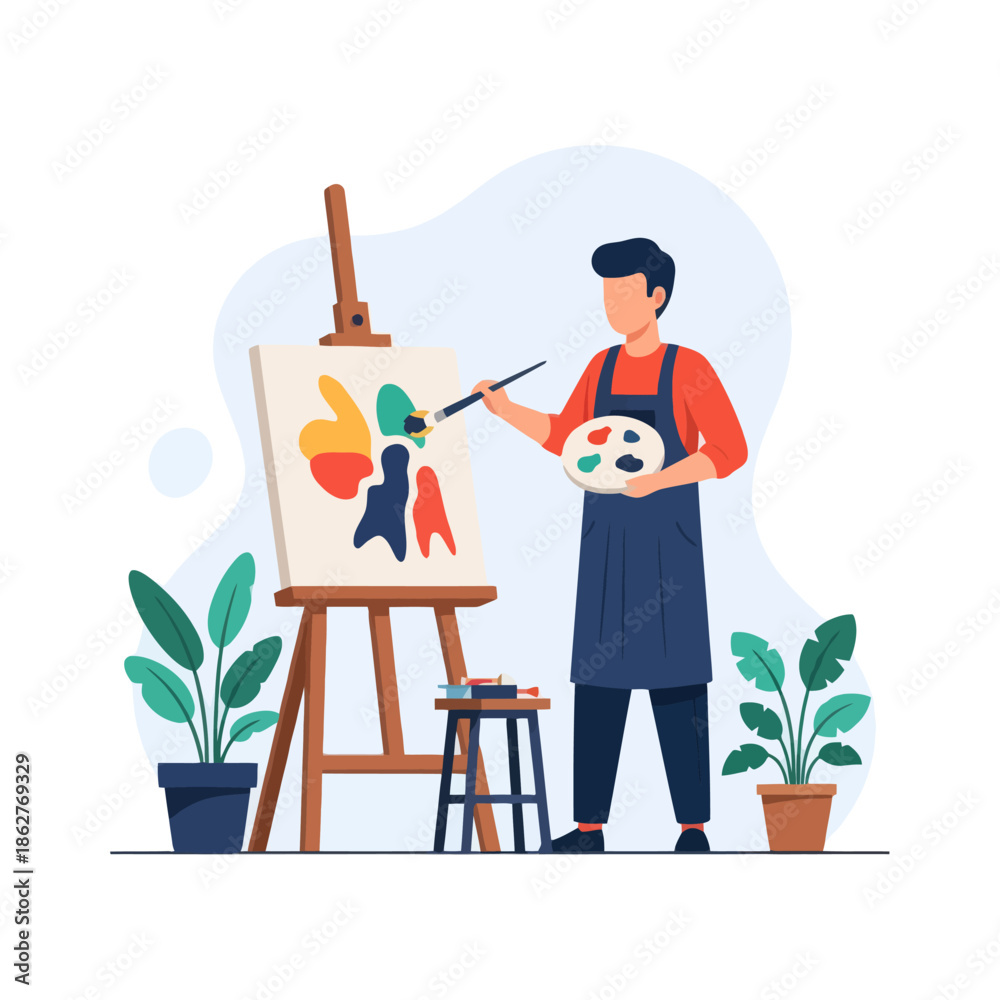 Fototapeta premium Artist painting colorful abstract art on canvas easel, creative hobby, inspiration concept