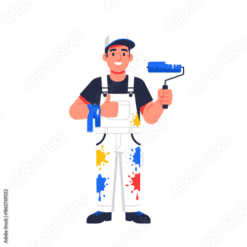 Happy painter man with brush roller giving thumbs up, white background, flat illustration
