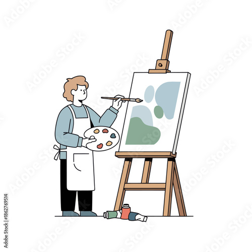 Artist painting abstract art on canvas easel with palette and brushes, creative hobby
