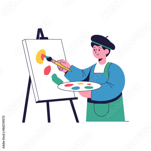 Young Artist Painting Abstract Art on Canvas with Palette and Brush