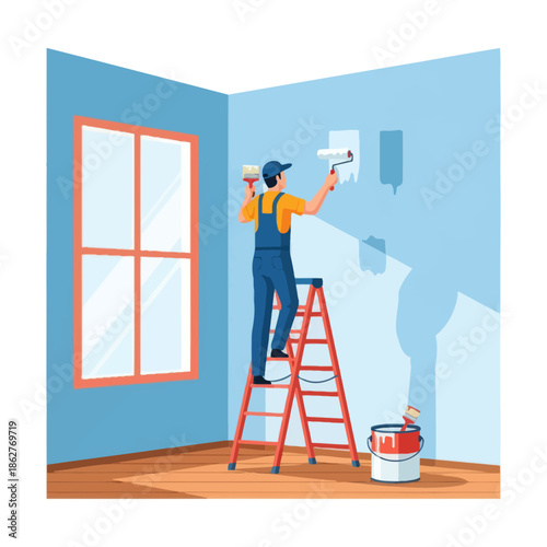 Male painter on ladder painting wall with roller and brush, home renovation concept