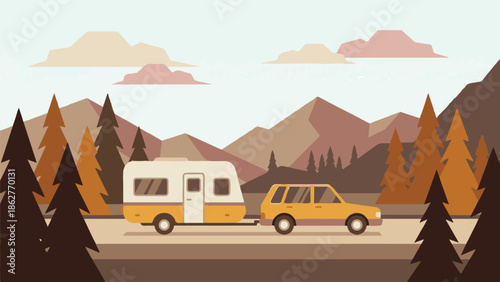 Car and Travel Trailer on a Road Trip Through Mountains, Flat Illustration