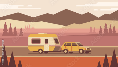 Flat Design Illustration of Car and Travel Trailer on a Road Trip Through Mountains