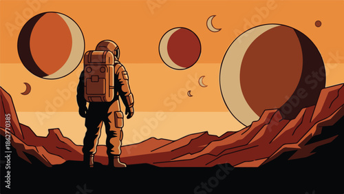 Astronaut on an alien planet observing multiple celestial bodies in an orange sky