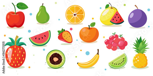 Colorful Flat Vector Fruit Collection, Children’s Fruit Vocabulary Educational Poster