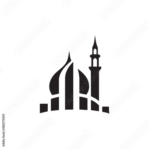 Black silhouette of a mosque dome and minaret on white background islam