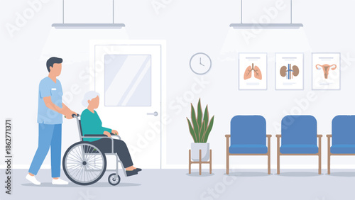 Nurse assisting elderly woman in wheelchair at a hospital waiting room