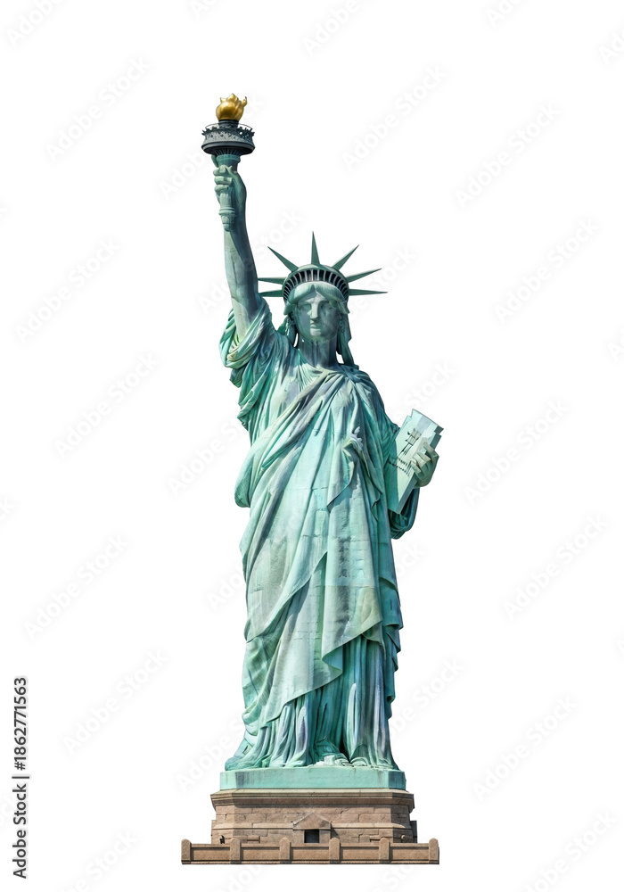 Fototapeta premium Neoclassical copper Statue of Liberty, full-body, greenish-blue patina, golden torch, isolated on transparent background with copy space, high-key studio lighting, iconic symbol of freedom