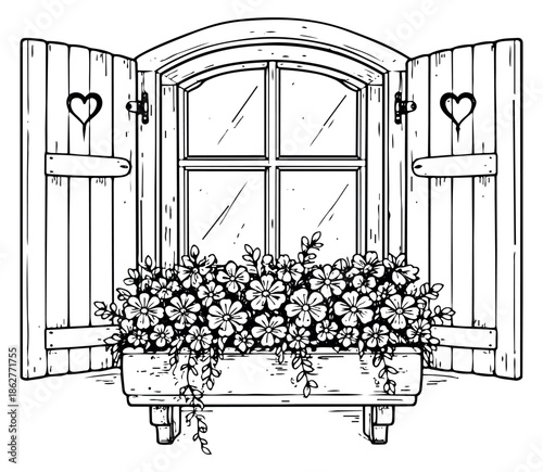 Hand drawn line art illustration of a cottage window with a flower box depicting blooming flowers and open shutters for home decor