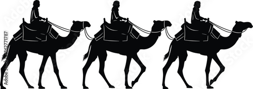 Camel caravan silhouettes, desert travelers riding camels, traditional journey concept, Middle Eastern culture, nomad transportation, black figures isolated white background