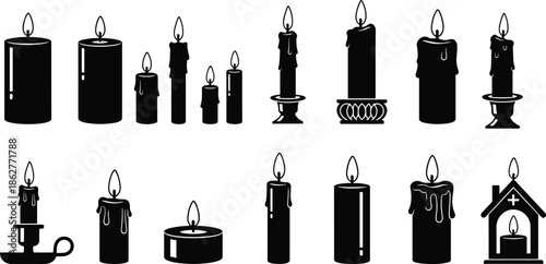 Candle silhouettes collection, burning wax candles icons, black candle shapes, ritual decorative candles, memorial light symbols, gothic minimalist illustration set