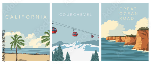 Travel poster set, Australia, France, USA