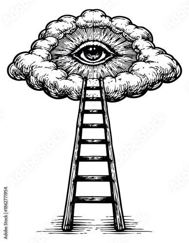 Hand drawn illustration of a ladder leading to an all seeing eye in a cloud depicting spiritual journey for enlightenment and aspiration