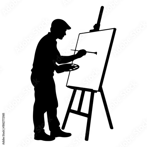 Silhouette of an artist painting on a canvas on an easel Vector