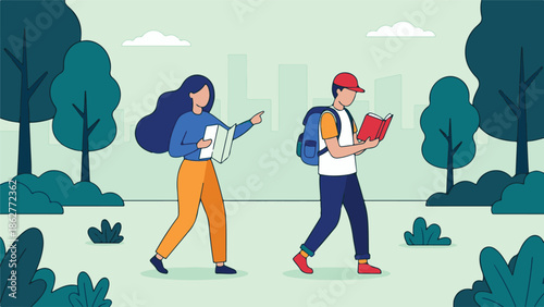 Two people navigating and reading in an urban park setting