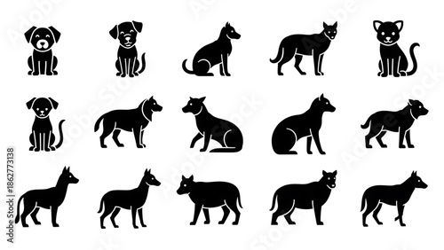 Collection of black dog silhouettes in various poses and breeds