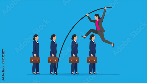 Ambitious businesswoman pole vaulting over colleagues to achieve success