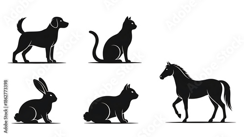 Set of black silhouettes featuring dog, cat, horse, and rabbits