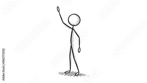 Stick Figure Man Raising Hand to Ask or Participate on Isolated White Background