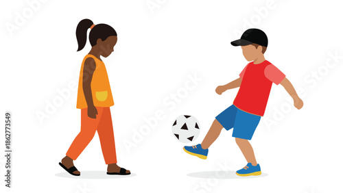 Illustration of diverse children, boy playing soccer and girl standing