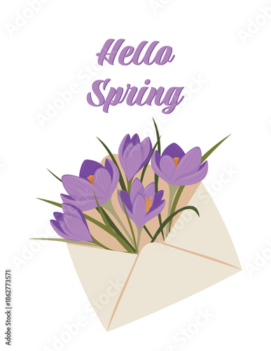 A bouquet of spring crocuses in an envelope. Hello, Spring! A stylish way to congratulate someone.