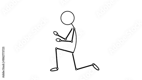 Respectful stick figure character kneeling on one knee with hands clasped, portraying a gesture of pleading, proposal, or honor, isolated white background.
