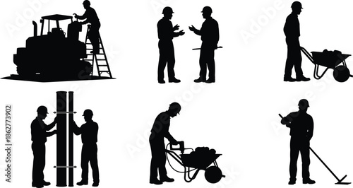 Construction worker silhouette set with tools machinery, industrial labor teamwork illustration, builders working site collection isolated on white background