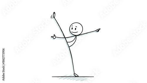 Happy stick figure performing a graceful balancing act or ballet move on one leg, on an isolated white background.