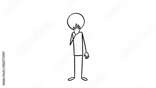 Embarrassed Stick Figure Character Covering Face with Hand, Expressing Shame or Disappointment, Isolated White Background.