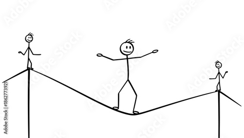 Stick Figure Character Balancing on a Tightrope Between Two Poles, Demonstrating Skill and Precision, Isolated White Background.
