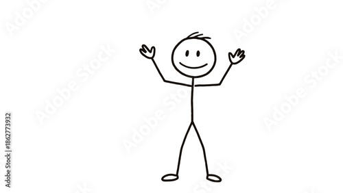Happy stick figure waving enthusiastically with both hands, expressing a friendly greeting or welcome, on an isolated white background.