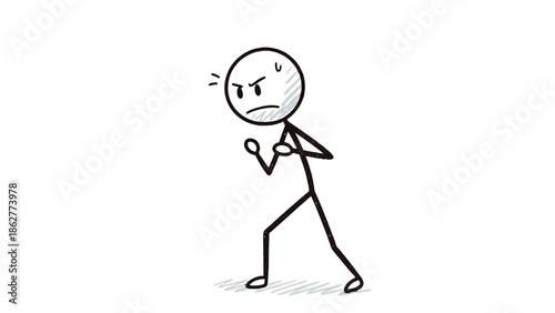 Stick figure standing in an aggressive boxing pose, ready to fight or showing anger, on an isolated white background.