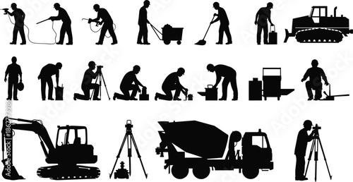 Construction worker silhouettes collection, industrial labor activities, heavy machinery, building tools, engineering jobs, black figures, isolated white background