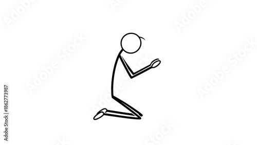 Stick figure kneeling on the ground, in a humble pose, possibly praying or begging, on an isolated white background.