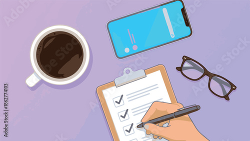Top-down view of a checklist being completed with coffee, phone, and glasses