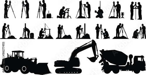 Construction worker silhouettes collection, surveyors and builders at work, heavy machinery icons, engineering activities, industrial site operations, professional labor illustration set