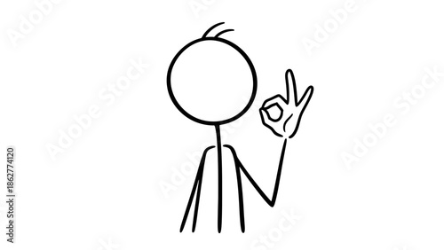 Smiling Stick Figure Person Showing OK Gesture with Hand Indicating Approval on Isolated White Background, Confident and Agreeable