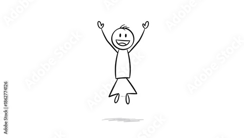 Happy Stick Figure Person Jumping in the Air with Arms Raised Celebrating on Isolated White Background, Joyful and Excited